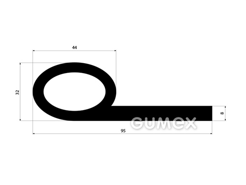 Gummiprofil, 95x32/8mm, "P" Form mit Loch, 60°ShA, SBR, -40°C/+70°C, schwarz, 